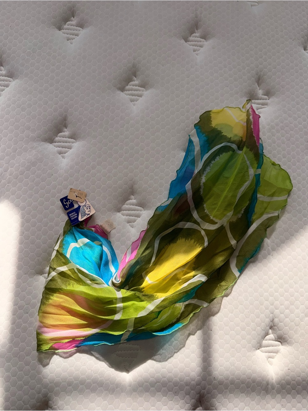 131. 1960s 100% nylon chiffon scarf with green, yellow, blue, and pink - Picture 2 of 4